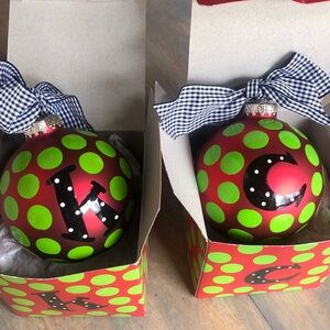 Coton Colors “C”  or “K” monogram initial red/green dot Christmas ornament New
